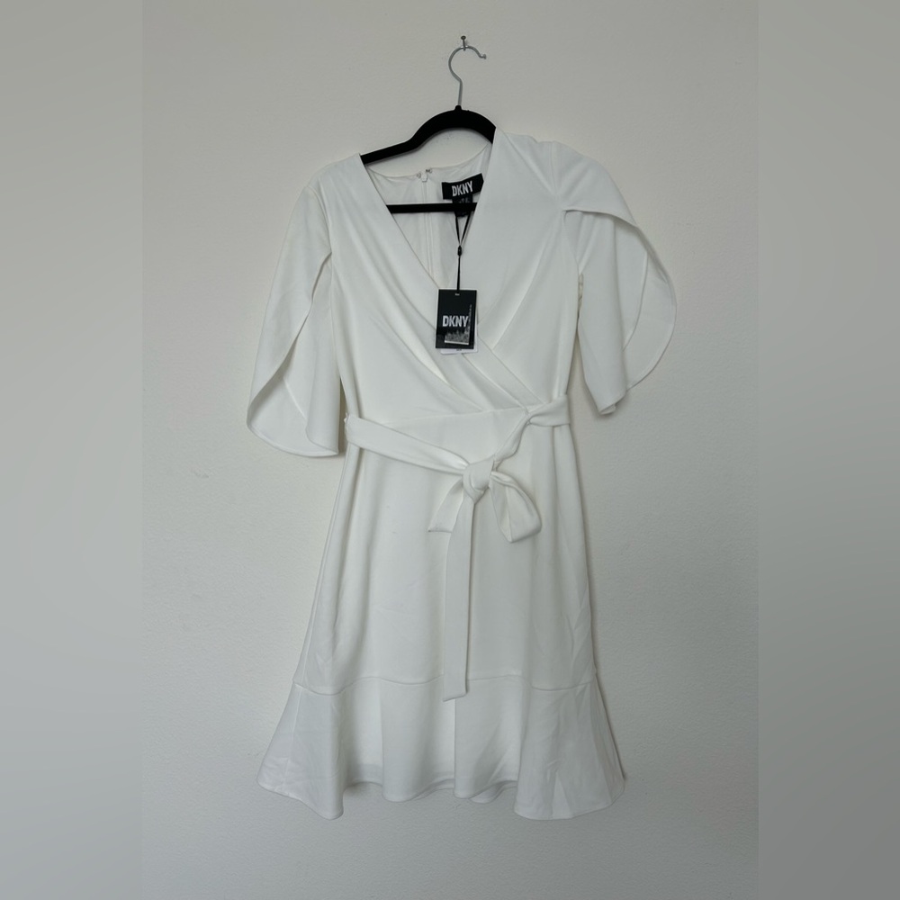 DKNY Women's Open Sleeve Ruched Dress, Ivory Sheath, Size 6